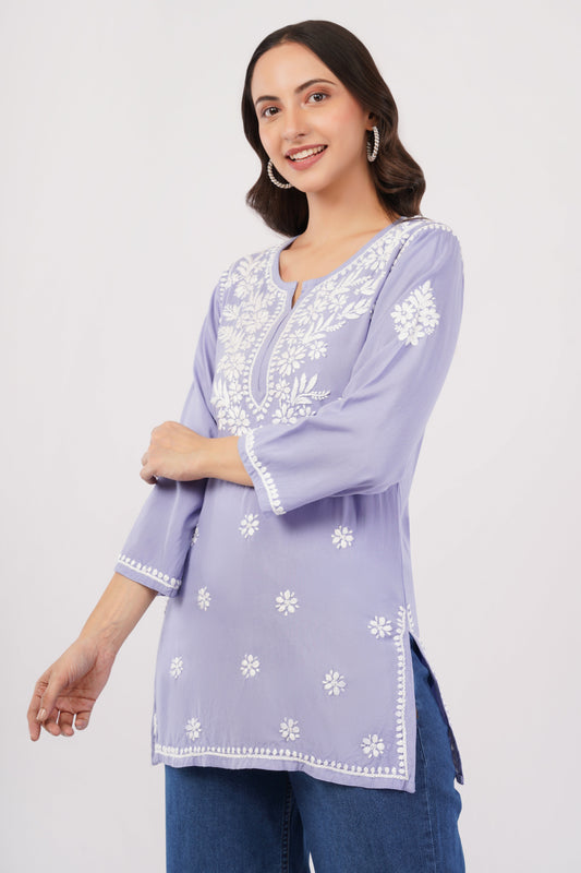 Inaya Chikankari Short Kurti – Lavender Mist - Lucknow Threads