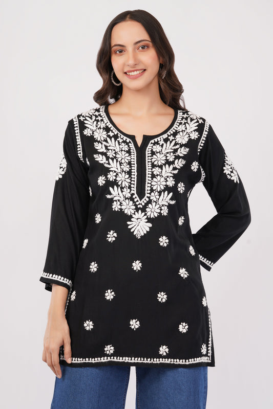 Inaya Chikankari Short Kurti – Midnight Black - Lucknow Threads