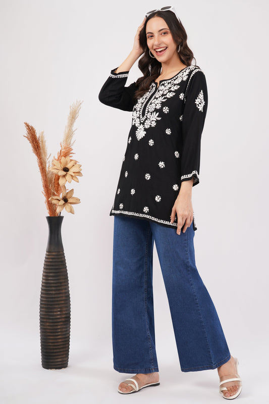 Inaya Chikankari Short Kurti – Midnight Black - Lucknow Threads