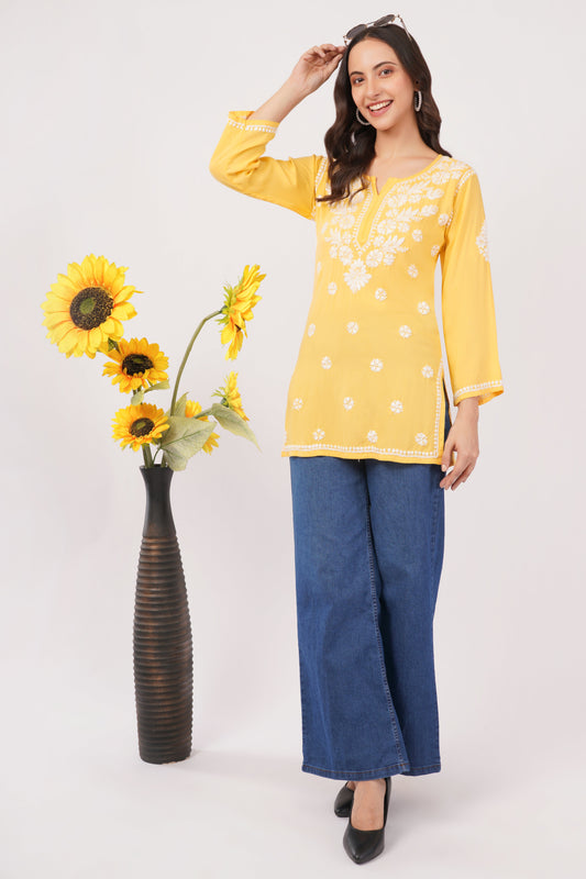 Inaya Chikankari Short Kurti – Sunshine Yellow - Lucknow Threads