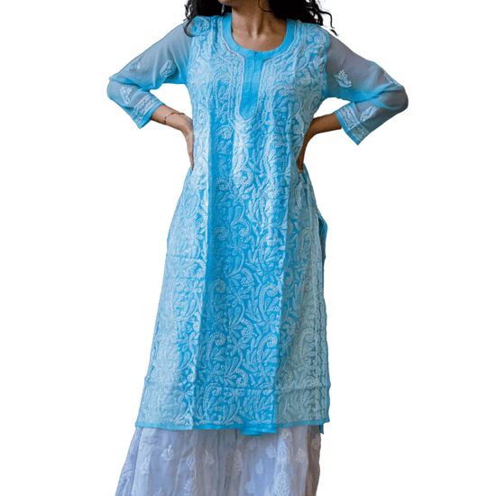 Kulsum Georgette Solid Blue Kurta - Lucknow Threads2000_BLU
