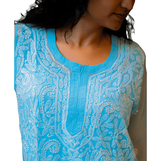 Kulsum Georgette Solid Blue Kurta - Lucknow Threads2000_BLU