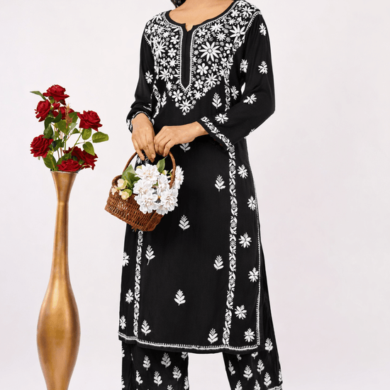 Layla - Black with White Rayon Chikankari Co - ord Set - Lucknow Threads