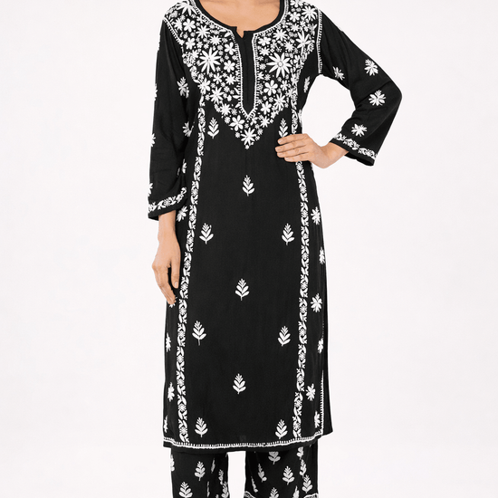 Layla - Black with White Rayon Chikankari Co - ord Set - Lucknow Threads