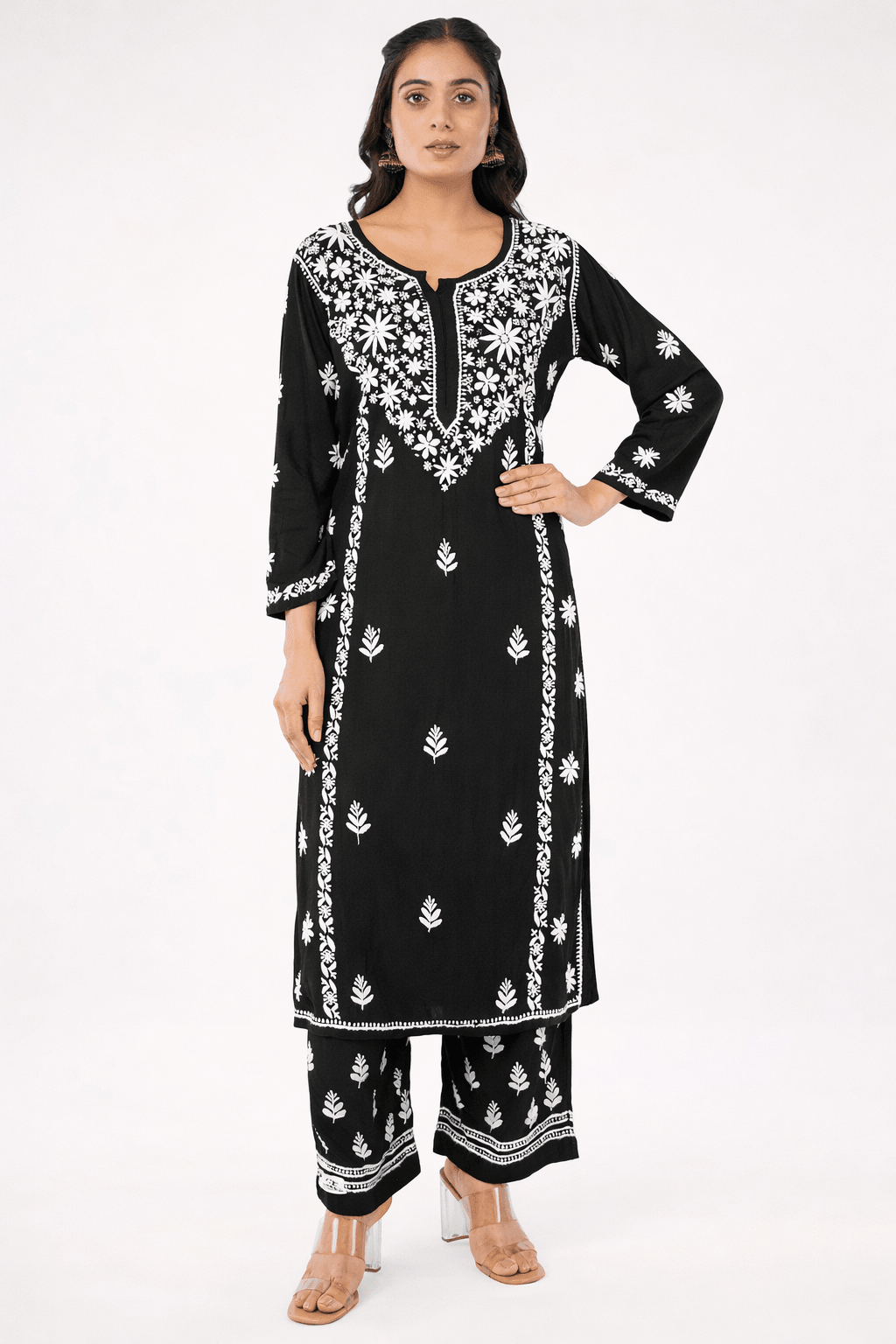Layla - Black with White Rayon Chikankari Co - ord Set - Lucknow Threads