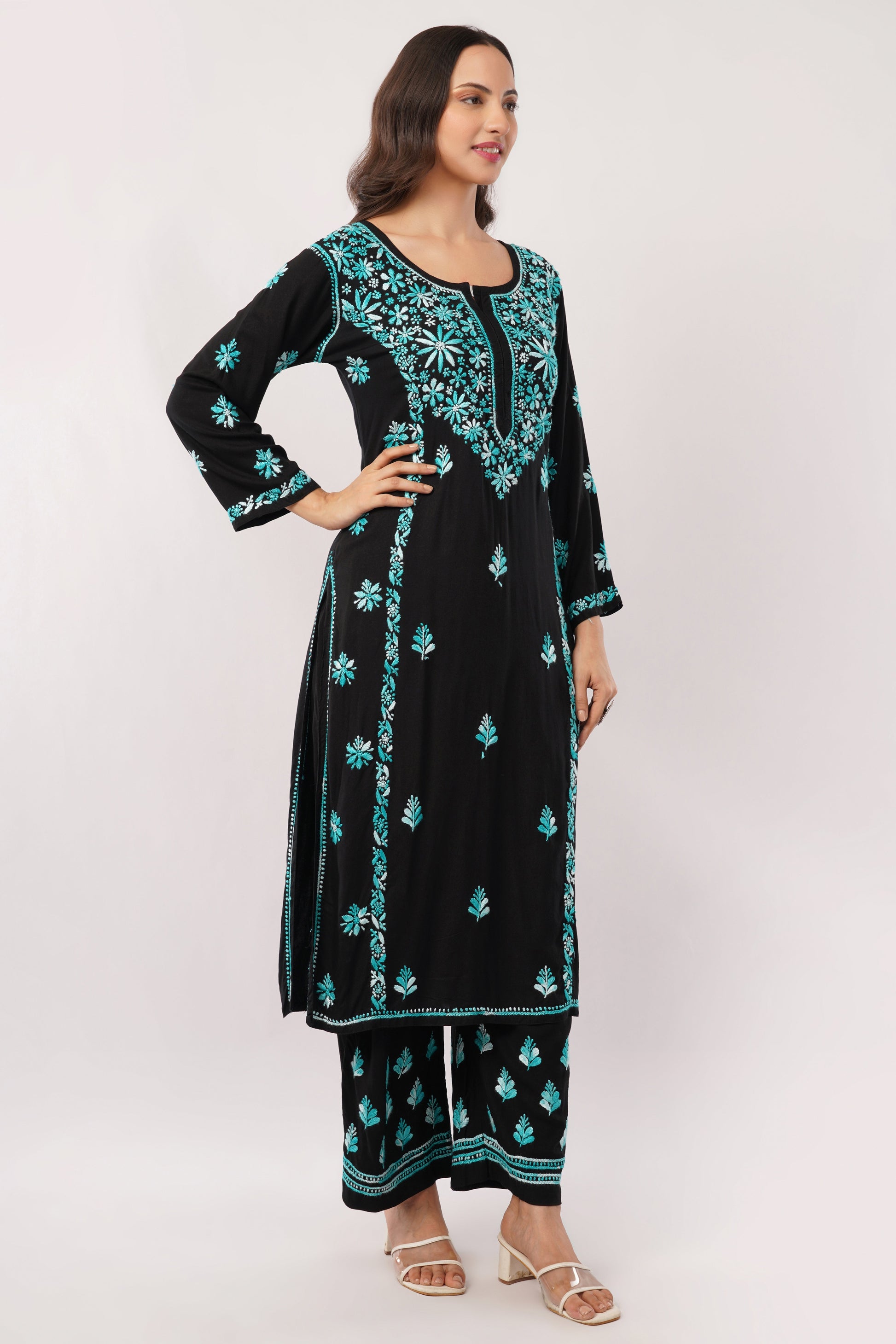 Layla - Blue Rayon Chikankari Co - ord Set - Lucknow Threads