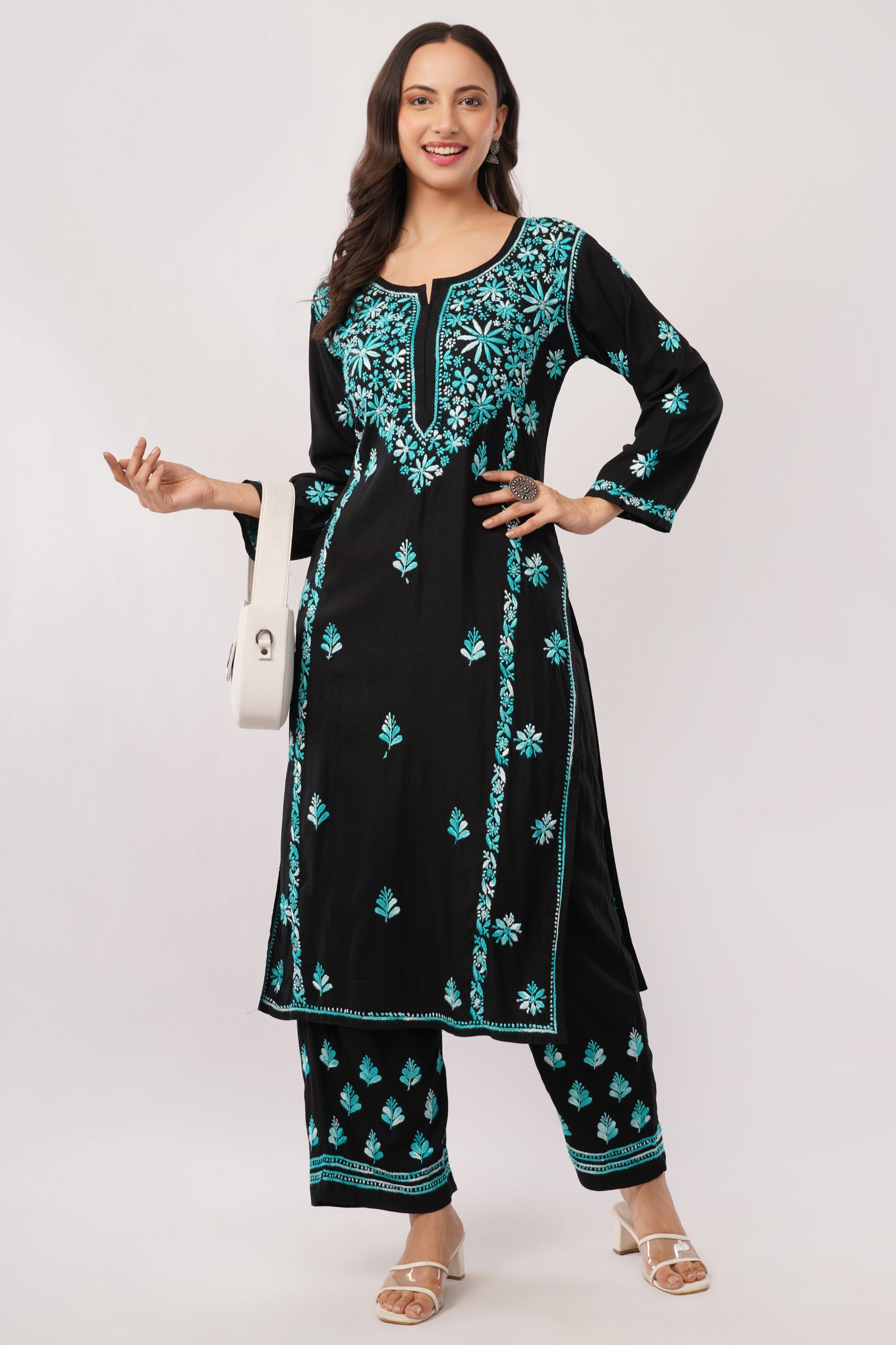 Layla - Blue Rayon Chikankari Co - ord Set - Lucknow Threads
