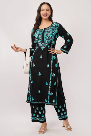 Layla - Blue Rayon Chikankari Co - ord Set - Lucknow Threads