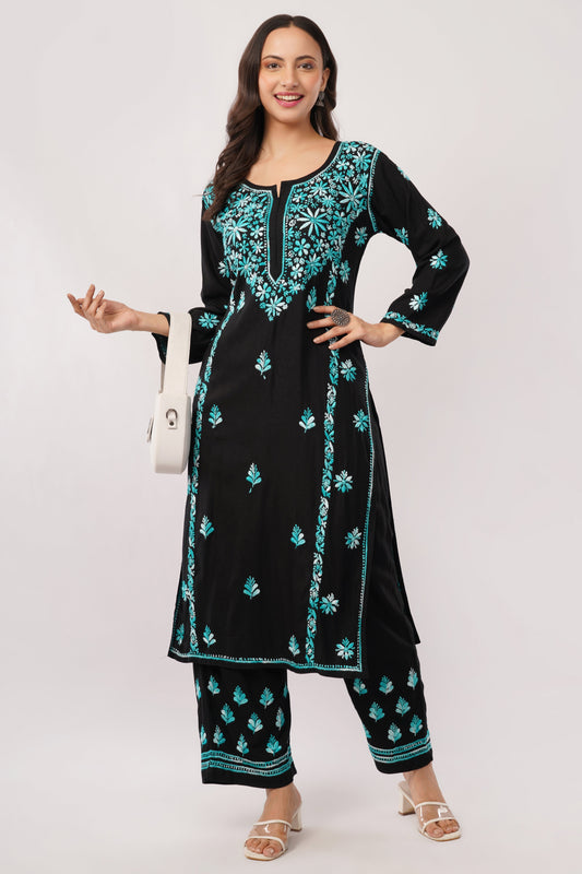 Layla - Blue Rayon Chikankari Co - ord Set - Lucknow Threads
