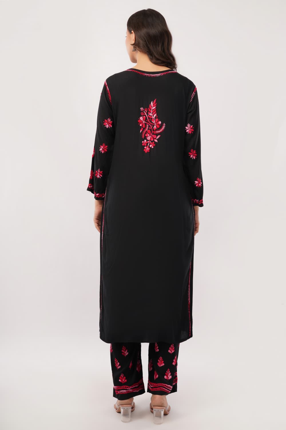 Layla - Red Rayon Chikankari Co - ord Set - Lucknow Threads