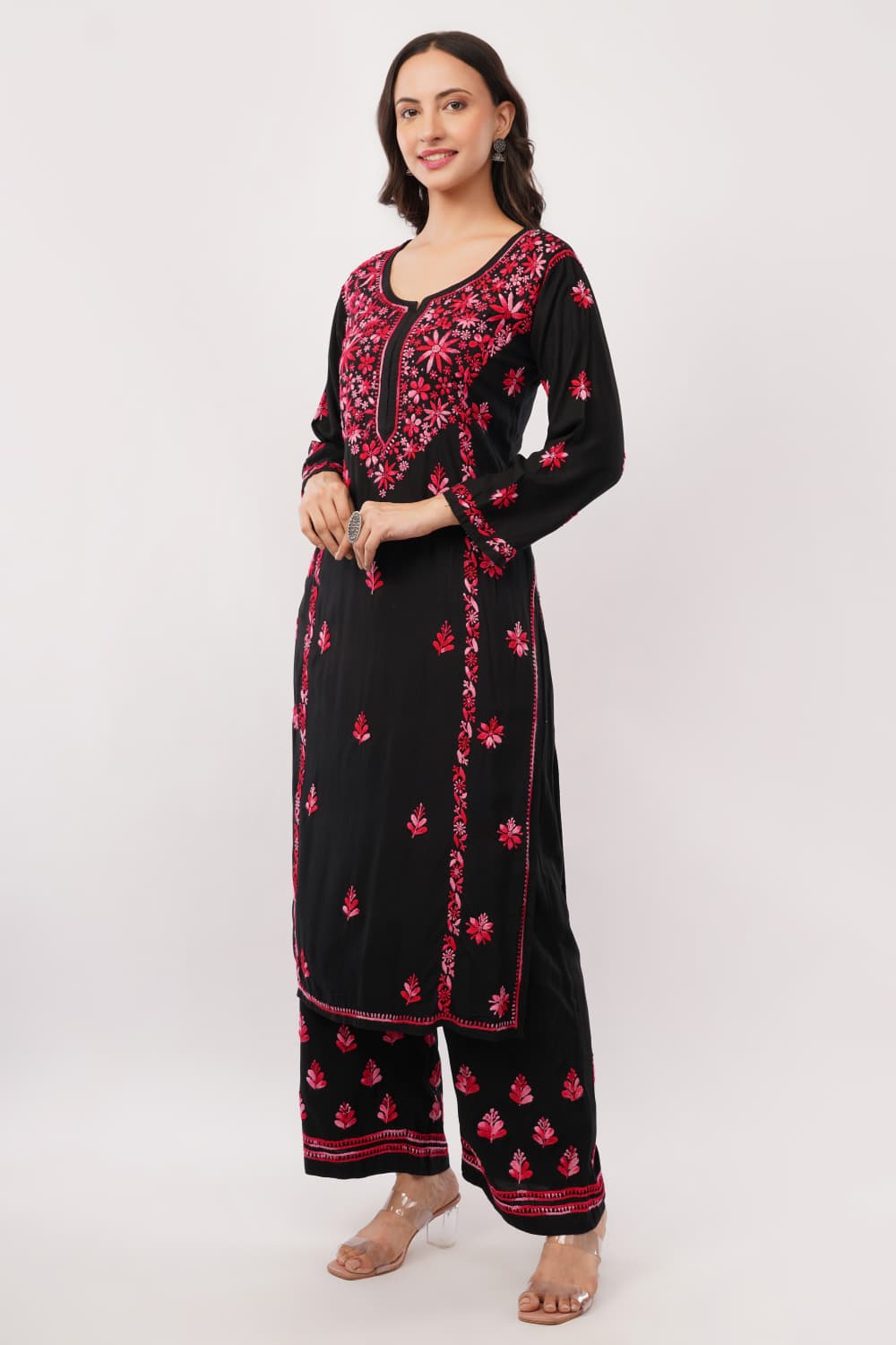 Layla - Red Rayon Chikankari Co - ord Set - Lucknow Threads