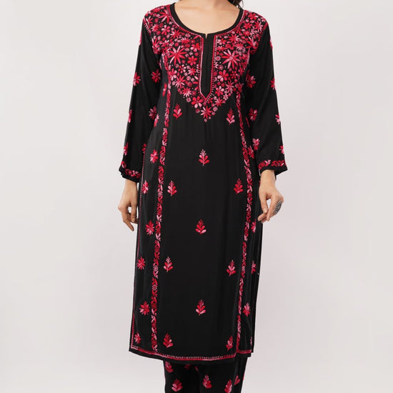 Layla - Red Rayon Chikankari Co - ord Set - Lucknow Threads