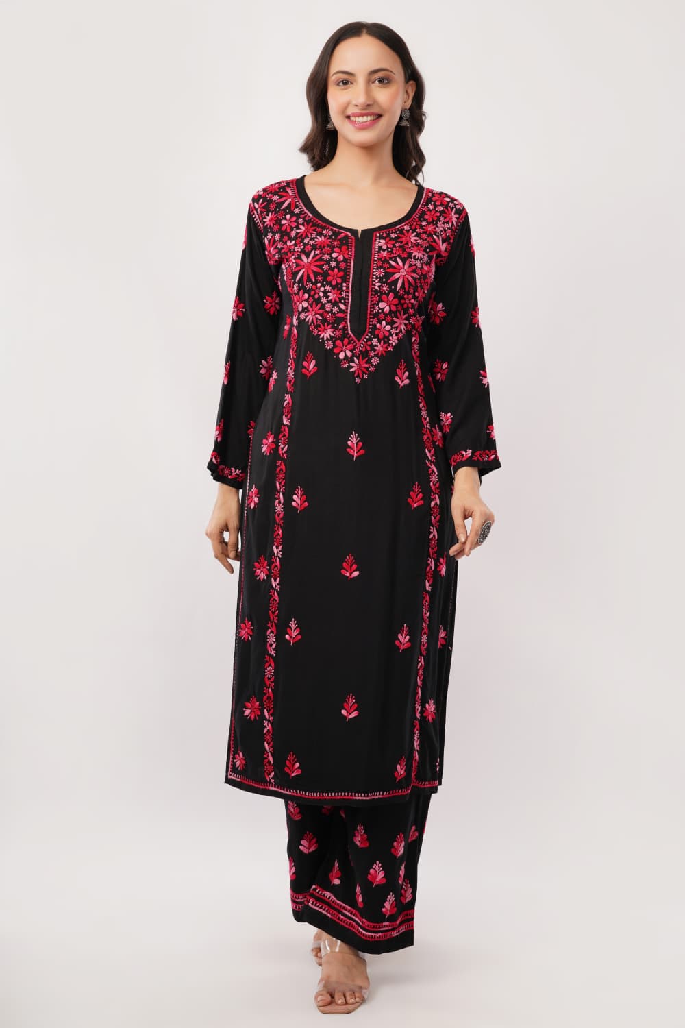 Layla - Red Rayon Chikankari Co - ord Set - Lucknow Threads