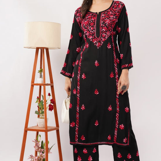 Layla - Red Rayon Chikankari Co - ord Set - Lucknow Threads