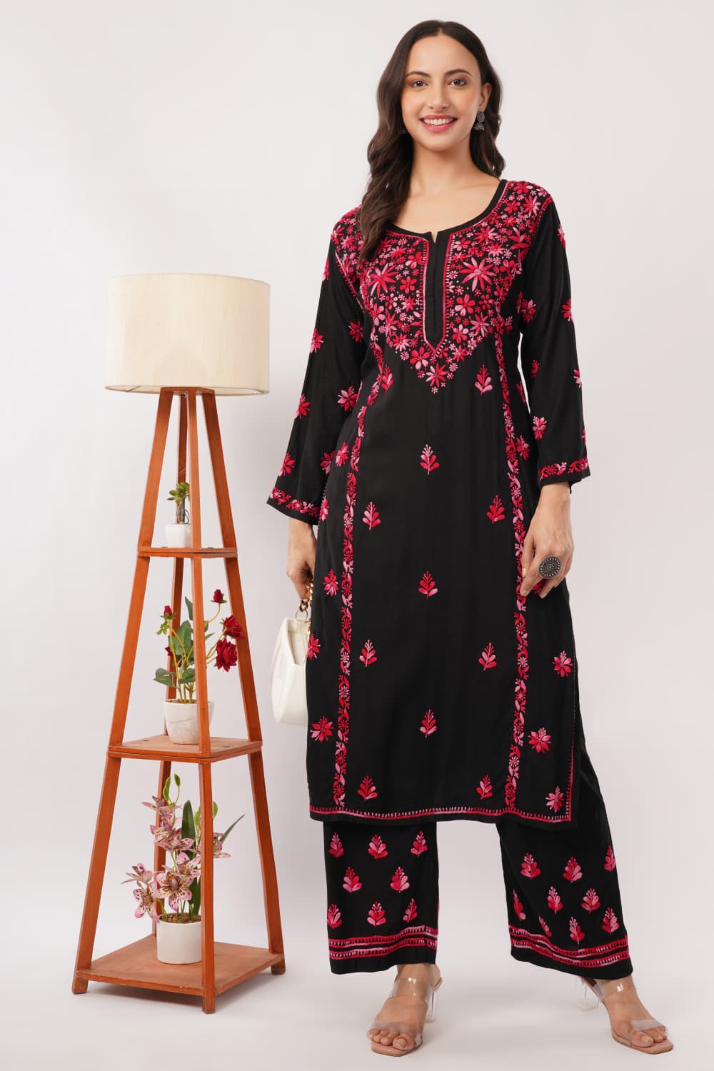 Layla - Red Rayon Chikankari Co - ord Set - Lucknow Threads
