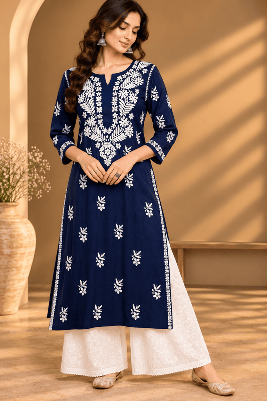 Maira Navy Blue Modal Chikankari Kurta - Lucknow Threads