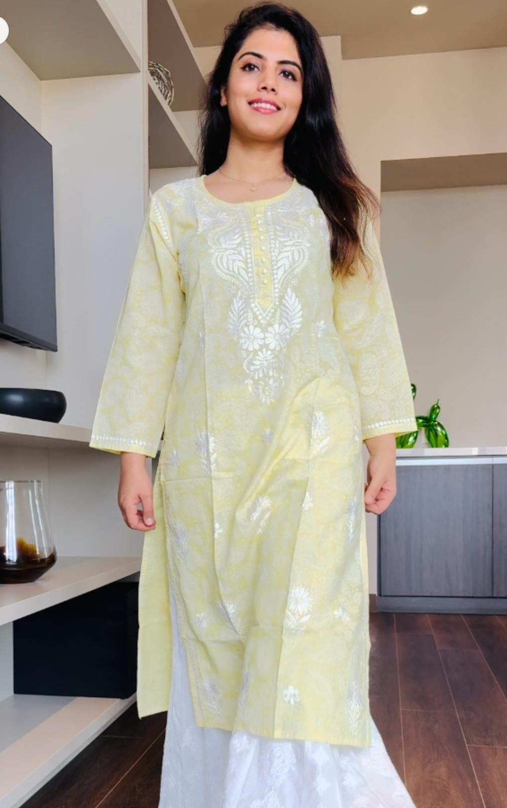 Nazia Cotton Printed Yellow Kurta - Lucknow Threads300_YLW - 1