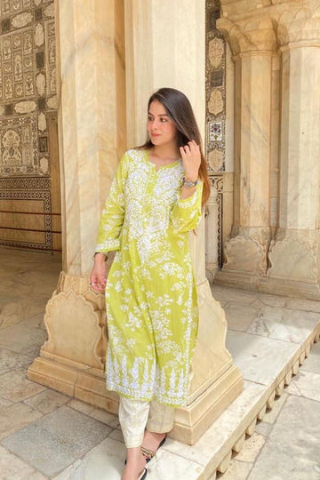 Noori Mul Cotton Printed Green Kurta - Lucknow Threads400_GRN - 1