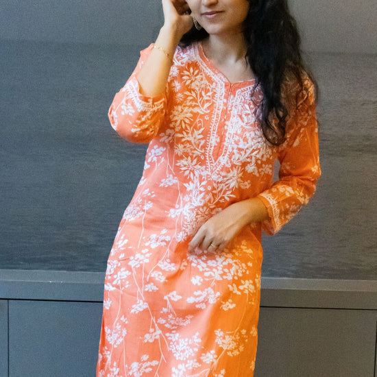 Noori Mul Cotton Printed Orange Kurta - Lucknow Threads400_ORG - 2