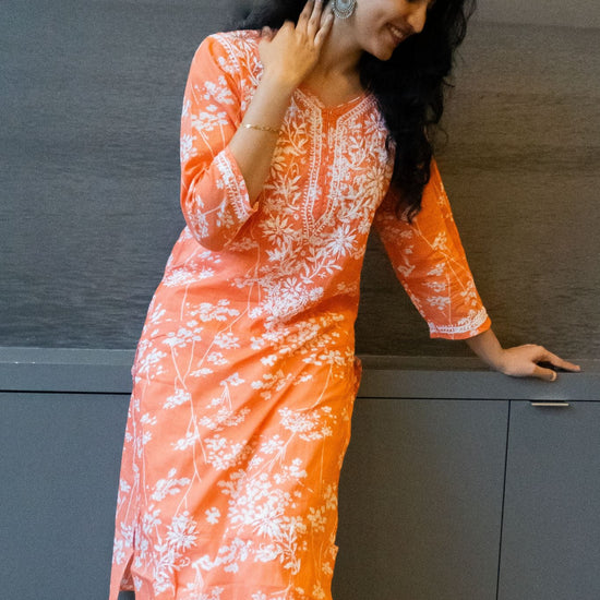 Noori Mul Cotton Printed Orange Kurta - Lucknow Threads400_ORG - 2
