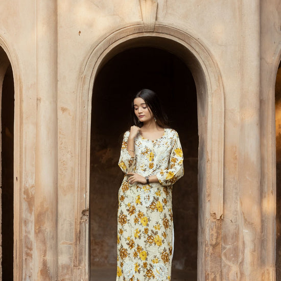 Noori Mul Cotton Printed Yellow Kurta - Lucknow Threads400_YLW - 1