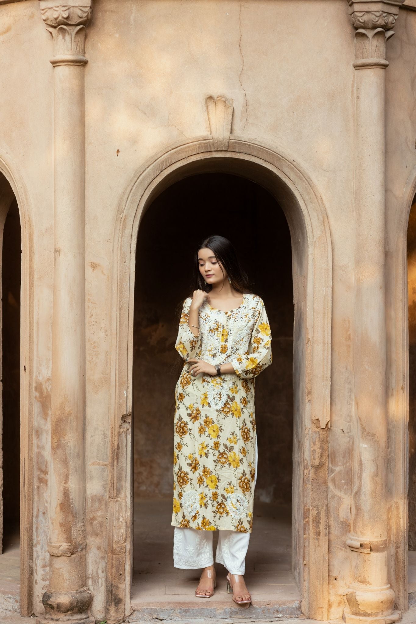 Noori Mul Cotton Printed Yellow Kurta - Lucknow Threads400_YLW - 1