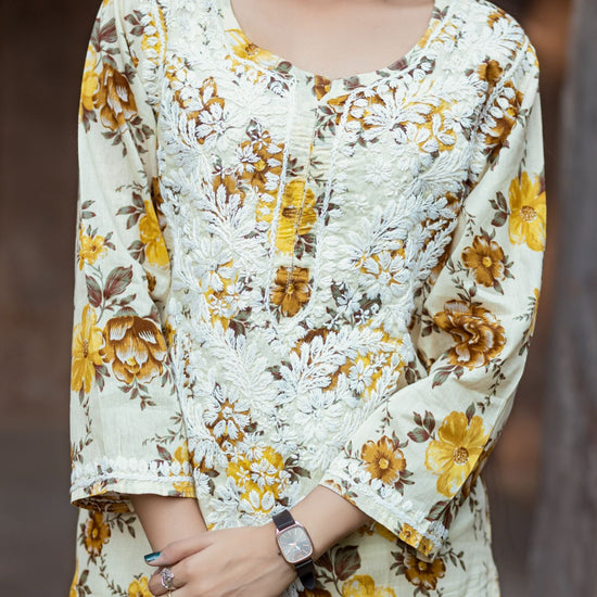 Noori Mul Cotton Printed Yellow Kurta - Lucknow Threads400_YLW - 1