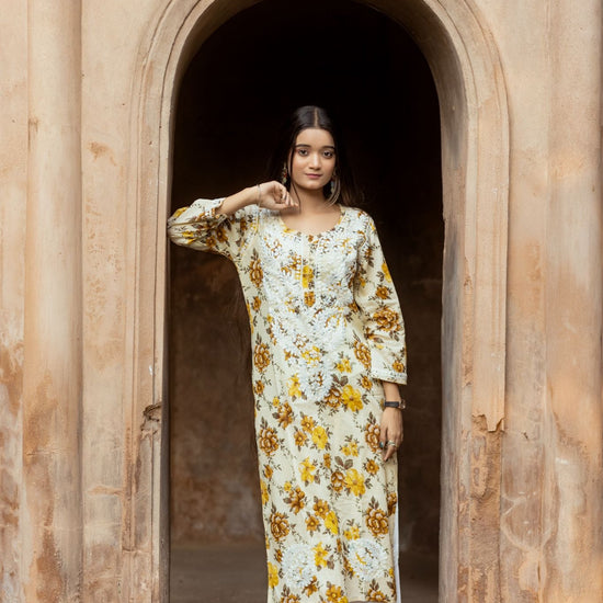 Noori Mul Cotton Printed Yellow Kurta - Lucknow Threads400_YLW - 1