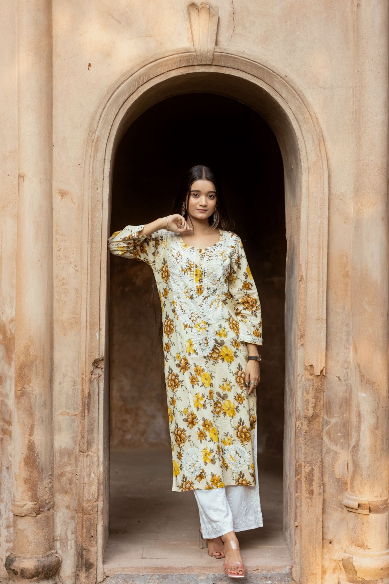 Noori Mul Cotton Printed Yellow Kurta - Lucknow Threads400_YLW - 1