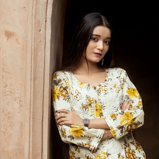 Noori Mul Cotton Printed Yellow Kurta - Lucknow Threads400_YLW - 1