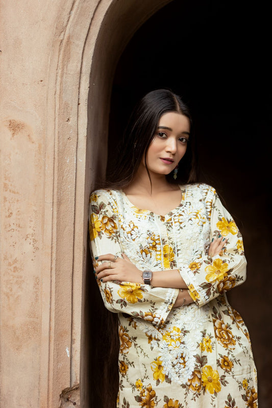 Noori Mul Cotton Printed Yellow Kurta - Lucknow Threads400_YLW - 1