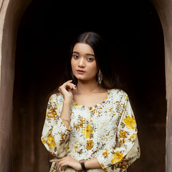 Noori Mul Cotton Printed Yellow Kurta - Lucknow Threads400_YLW - 1