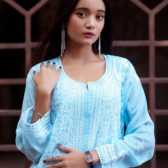Sahiba Full Jaal Blue Cotton Kurta - Lucknow Threads900_BLUE