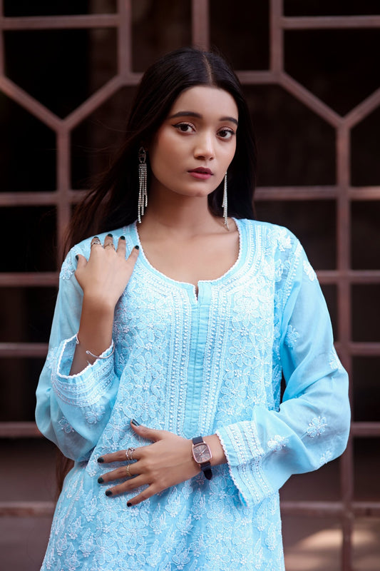 Sahiba Full Jaal Blue Cotton Kurta - Lucknow Threads900_BLUE