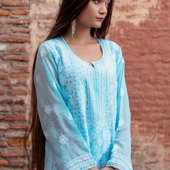 Sahiba Full Jaal Blue Cotton Kurta - Lucknow Threads900_BLUE