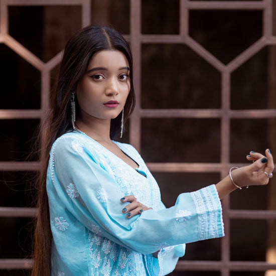 Sahiba Full Jaal Blue Cotton Kurta - Lucknow Threads900_BLUE