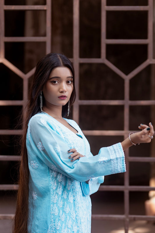 Sahiba Full Jaal Blue Cotton Kurta - Lucknow Threads900_BLUE