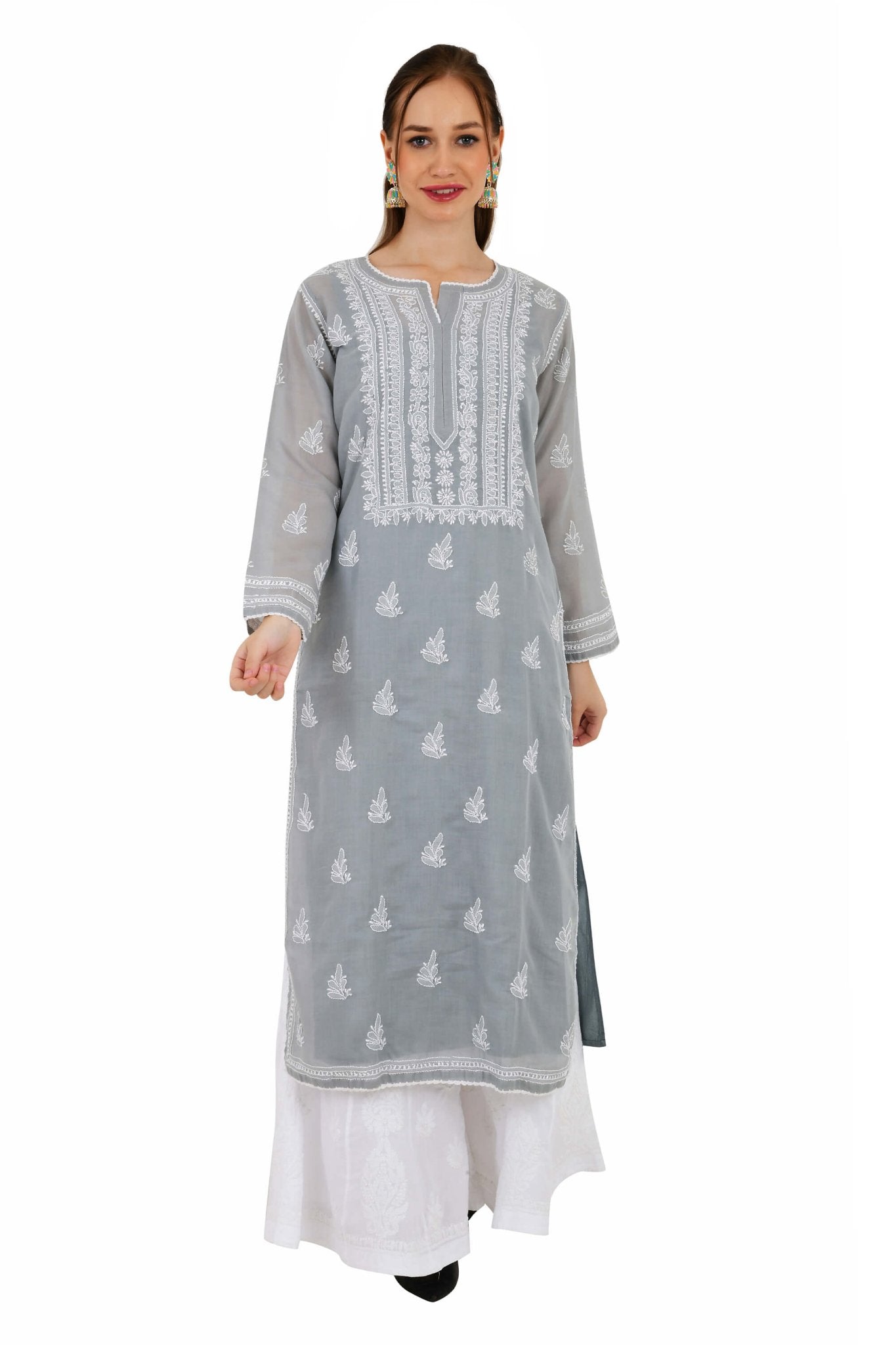 Sahiba Full Jaal Grey Cotton Kurta - Lucknow Threads900_GRY