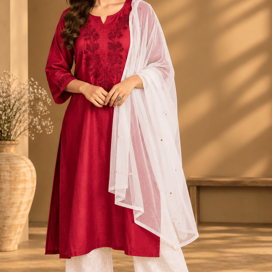 Samaira Chanderi Silk Berry Red Kurta - Lucknow Threads