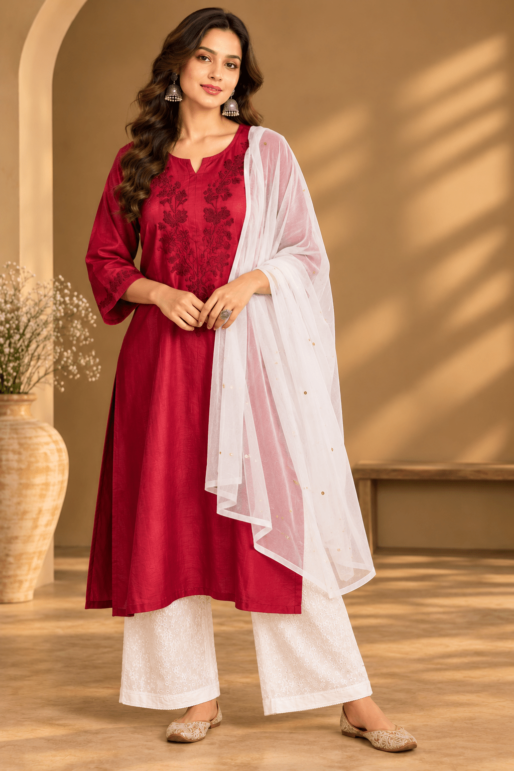 Samaira Chanderi Silk Berry Red Kurta - Lucknow Threads