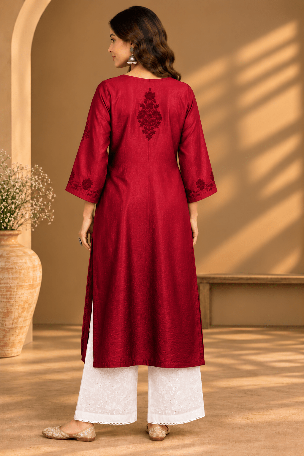 Samaira Chanderi Silk Berry Red Kurta - Lucknow Threads