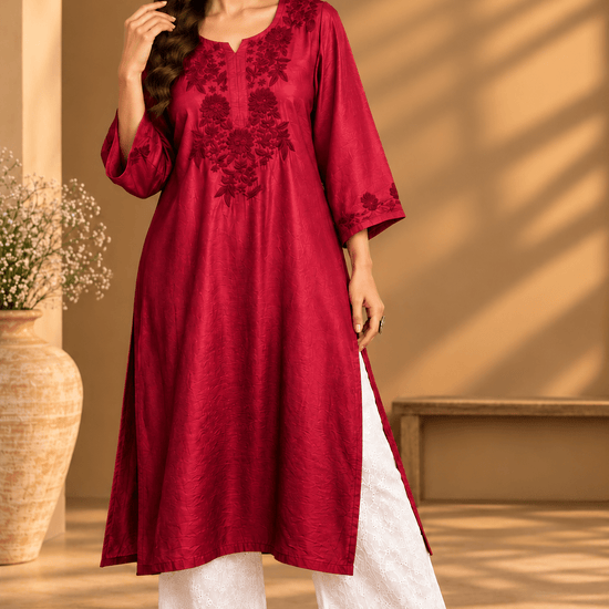 Samaira Chanderi Silk Berry Red Kurta - Lucknow Threads