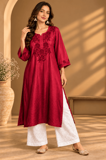 Samaira Chanderi Silk Berry Red Kurta - Lucknow Threads