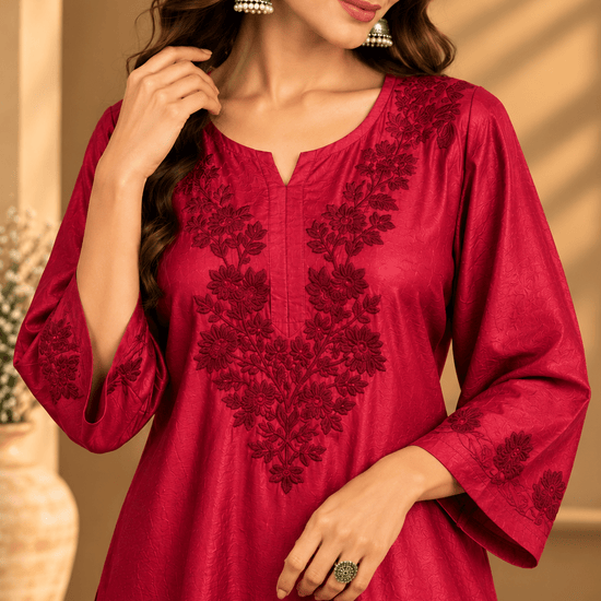 Samaira Chanderi Silk Berry Red Kurta - Lucknow Threads
