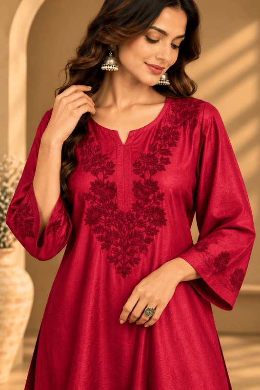 Samaira Chanderi Silk Berry Red Kurta - Lucknow Threads
