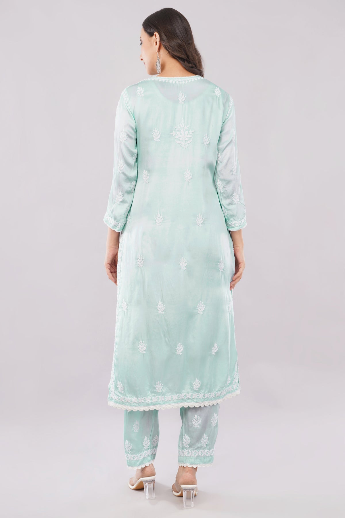 Seher Mint Green Satin Chikankari Coord Set - Lucknow Threads