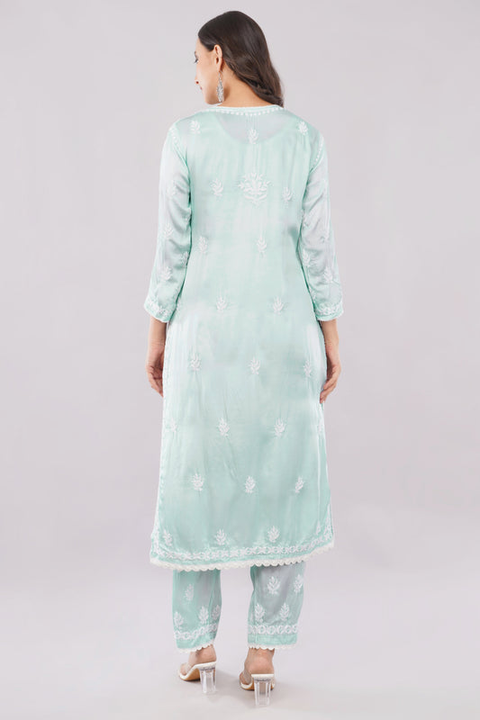 Seher Mint Green Satin Chikankari Coord Set - Lucknow Threads