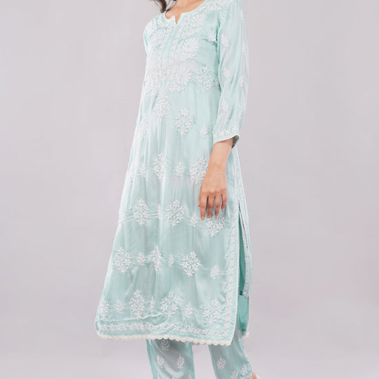 Seher Mint Green Satin Chikankari Coord Set - Lucknow Threads