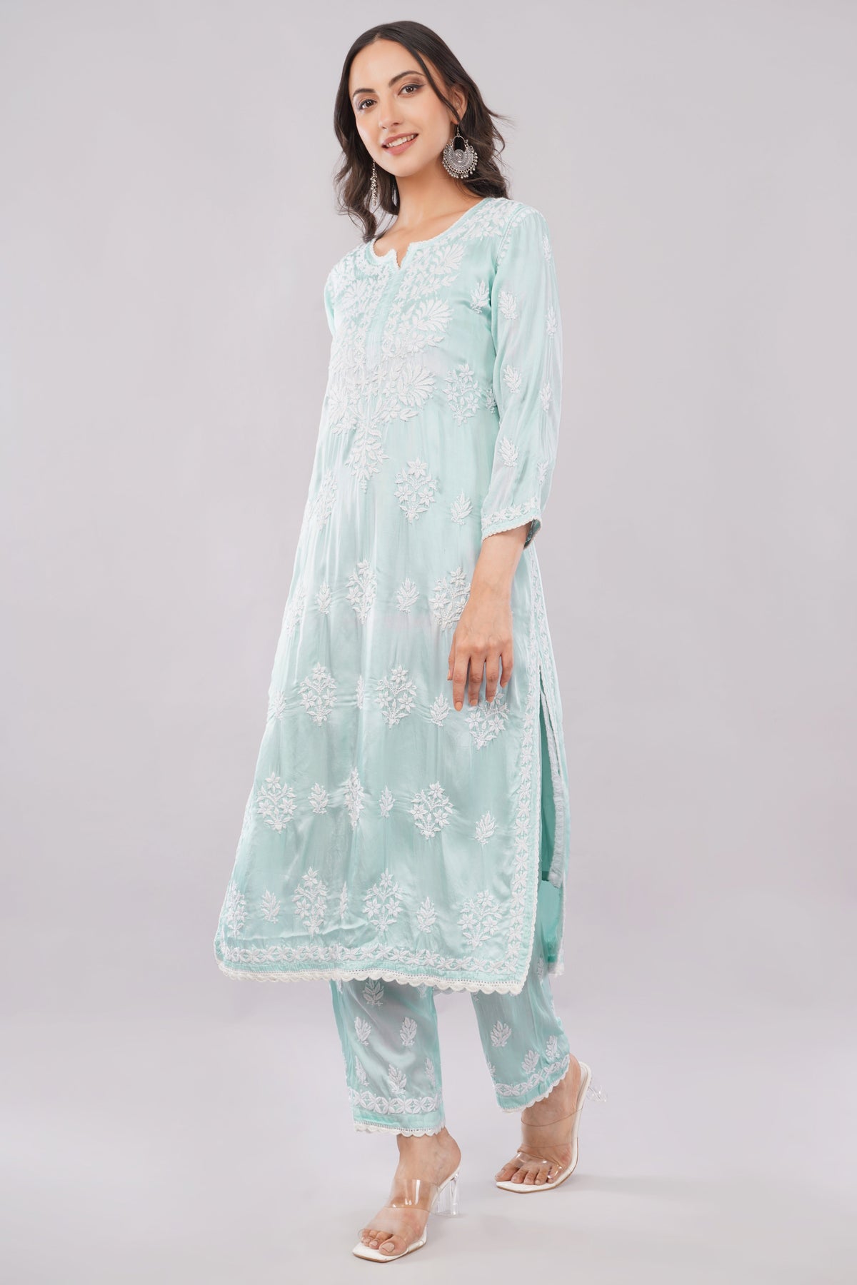 Seher Mint Green Satin Chikankari Coord Set - Lucknow Threads