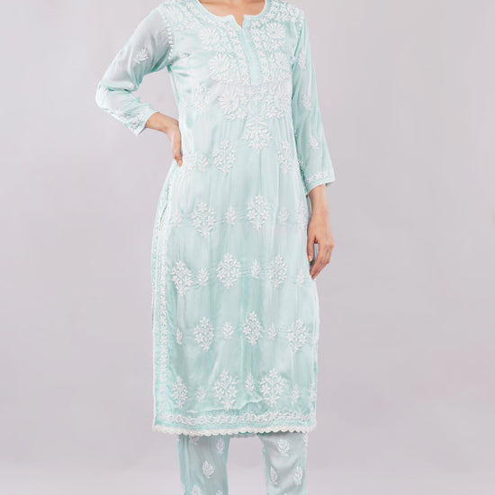 Seher Mint Green Satin Chikankari Coord Set - Lucknow Threads